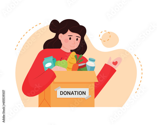 Active volunteer doing charity work concept. Lady helping other people with humanitarian aid, holding box with food and looking at heart in hand. Flat vector illustration in red colors