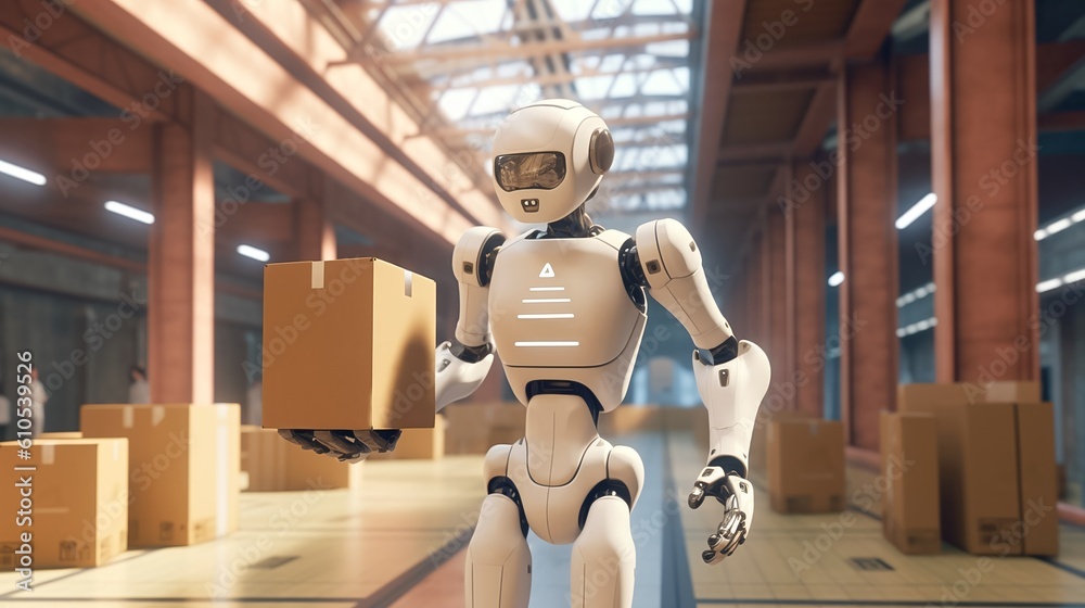 Autonomous Robot is transporting cartons in a warehouse. Generative AI Autonomous Robot is transporting cartons in a warehouse. Generative AI