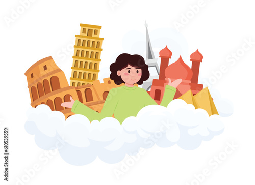 Cartoon cute happy girl dreams of visiting most popular tourist places in world. Visiting sightseeing during trip. Vector illustration on white background