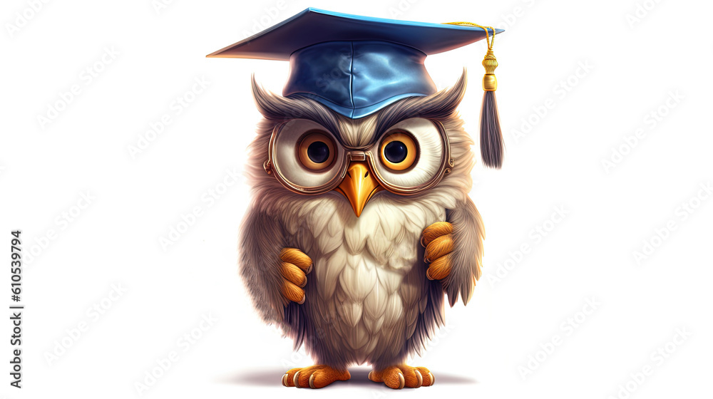 Fototapeta premium Owl wearing a graduation cap and holding a diploma on white background. Cartoon character. Cartoon illustration, Generative Ai