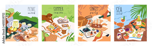 Picnic cards set. Food, snacks, drinks on blanket in nature on summer holiday, weekend. Outdoor eating, lunch and dinner with fruits on grass, beach, by sea. Vacation mood. Flat vector illustrations