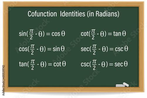 Cofunction identities in radians. Trigonometry formula on a chalkboard. School. Math. Vector illustration. photo