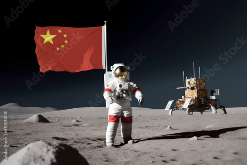 Chinese astronauts on Moon with permanent base with chinesee flag photo