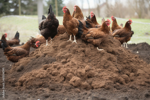 chickens on a pile of manure looking for worms