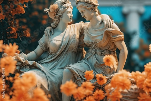 Statue of a woman and a girl on the background of flowers. Created with Generative AI tools