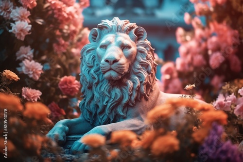 Statue of a lion in a flower garden. Created with Generative AI tools © DIGITALSHAPE