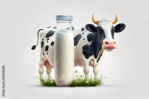 Generative AI. Figure of a cow with horns standing on the ground - farming emblem, logo design, illustration. Black and white colors. milk cow. Farm animals, domestic cattle adult and young. 