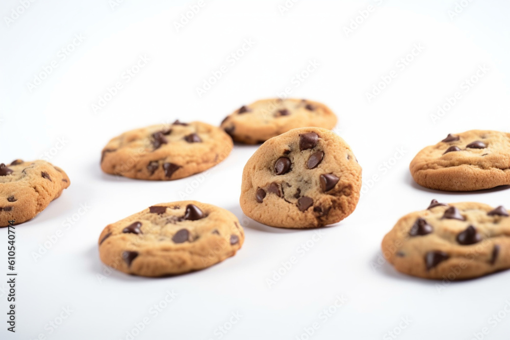 Chocolate chip cookies floating on a white background