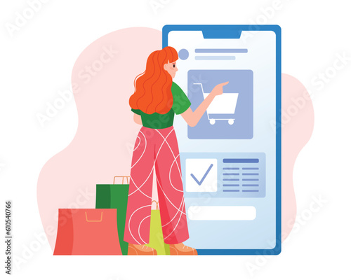 Cartoon girl chooses to shop through online mobile app. Purchasing goods via Internet during big sales and discounts. Consumer society and commercial business. Vector