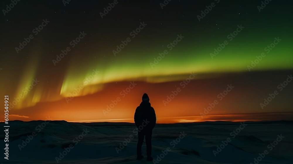 A person looking into the aurora borealis, Generative AI