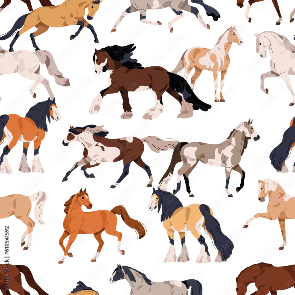 Horses print, seamless pattern. Endless equine background design, stallions breeds. Repeating backdrop, texture with animals herd. Printable flat vector illustration for textile, fabric, wrapping Horses print, seamless pattern. Endless equine background design, stallions breeds. Repeating backdrop, texture with animals herd. Printable flat vector illustration for textile, fabric, wrapping