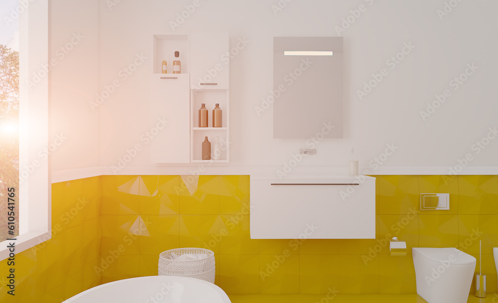 Clean and fresh bathroom with natural light. 3D rendering.. Sunset. Clean and fresh bathroom with natural light. 3D rendering.. Sunset.