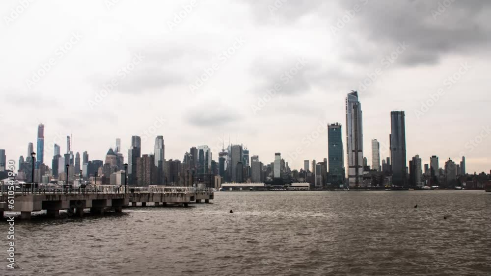 Time lapse of New York City skyline from across the river from Weehawken Pier in New Jersey Time lapse of New York City skyline from across the river from Weehawken Pier in New Jersey