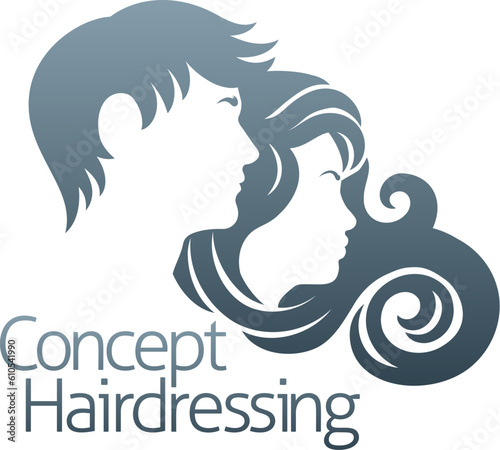 Hairdresser, hair salon, spa or similar concept icon with silhouette man and woman with flowing long hair.