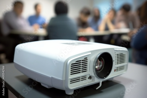 Close-up multimedia projector with blurred people background