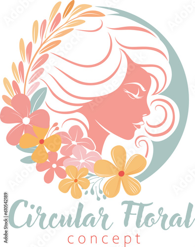 A woman circle profile face and flowers floral hair salon hairdresser spa beauty or similar concept