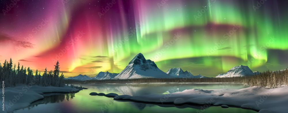 Aurora borealis on the Norway. Green northern lights above mountains. Night sky with polar lights. Night winter landscape with aurora and reflection on the water surface. Panorama view. Generative AI