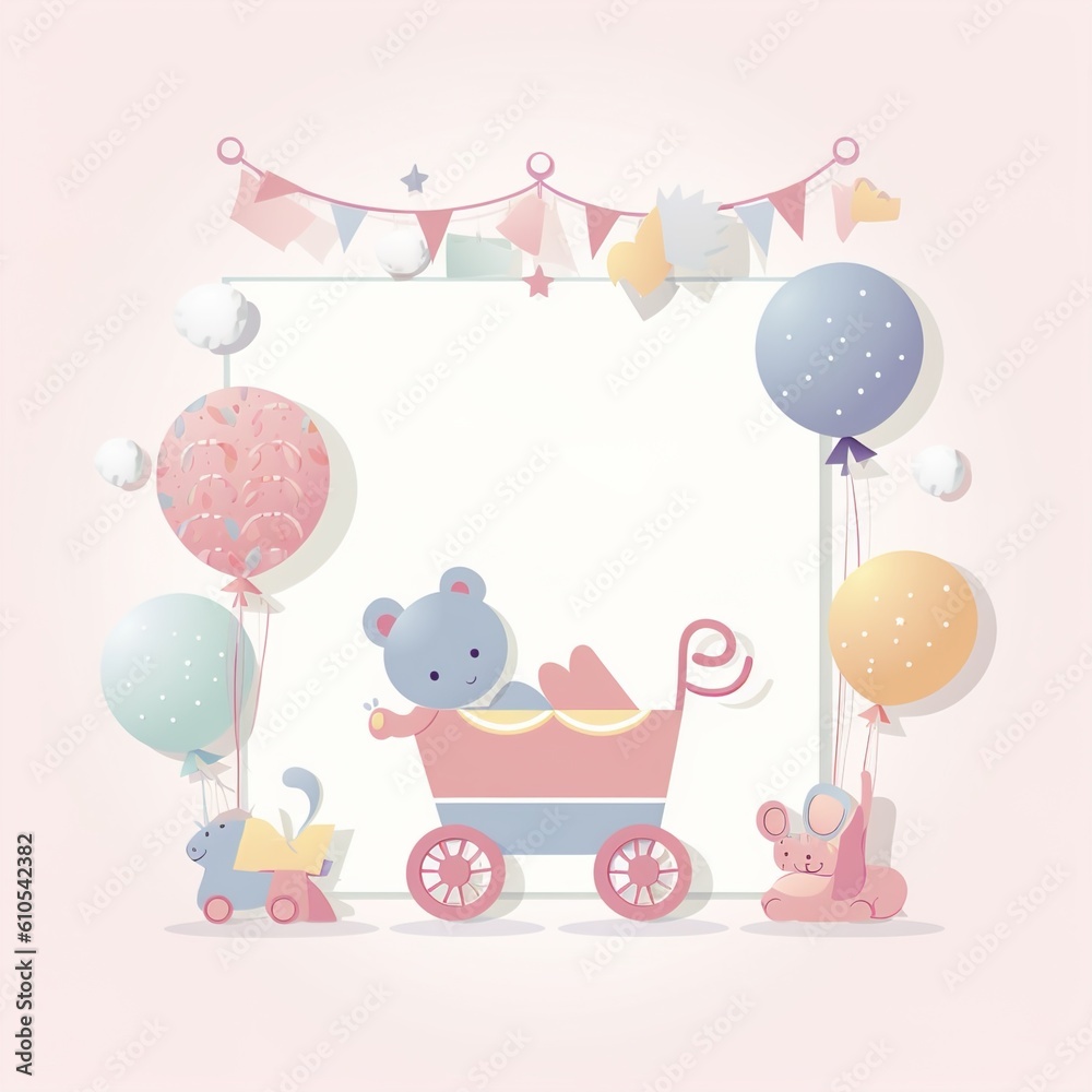 Baby shower banner with cartoon rocket and balloons.