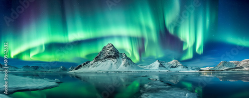 Aurora borealis on the Norway. Green northern lights above mountains. Night sky with polar lights. Night winter landscape with aurora and reflection on the water surface. Panorama view. Generative AI