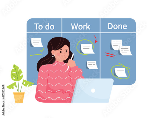 Cartoon woman working on laptop, marking tasks done and undone on board. People doing different tasks and activities at work. Process of organizing time in business. Vector illustration