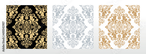 Wallpapers in the style of Baroque. Seamless vector backgrounds. Set of colored floral ornaments. Graphic patterns for fabric, wallpaper, packaging. Ornate Damask flower ornaments