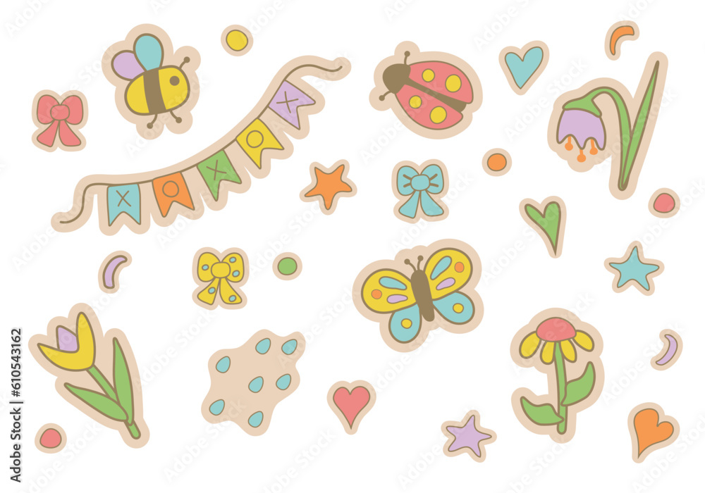Cute bugs and flowers vector illustration. Bunting, bumble bee, ladybird and butterfly with bows and stars bundle isolated on white background