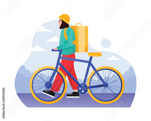 Cartoon delivery man with backpack rides bicycle to deliver order to customer. Regional parcel carriers. Modern postal system and urban lifestyle. Vector illustration