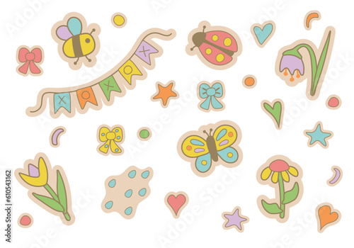 Cute bugs and flowers vector illustration. Bunting, bumble bee, ladybird and butterfly with bows and stars bundle isolated on white background