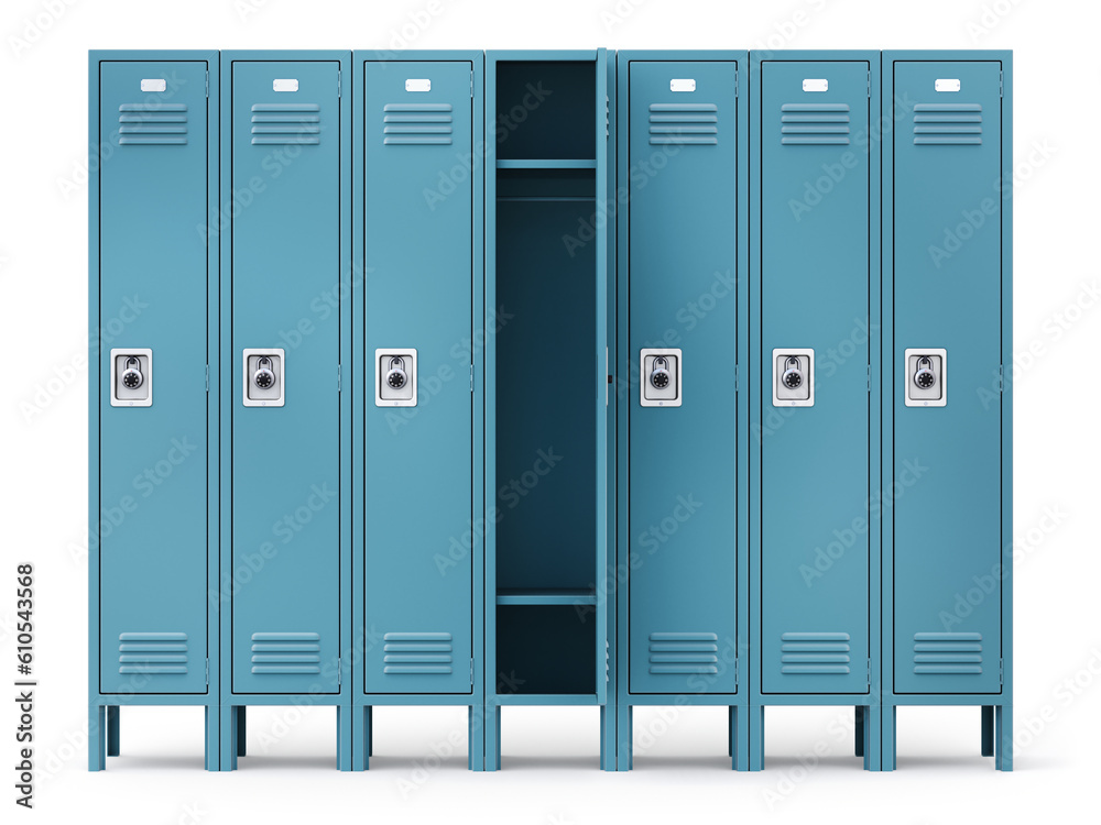 Blue locker metal cabinets with padlocks - 3D illustration Blue locker metal cabinets with padlocks - 3D illustration