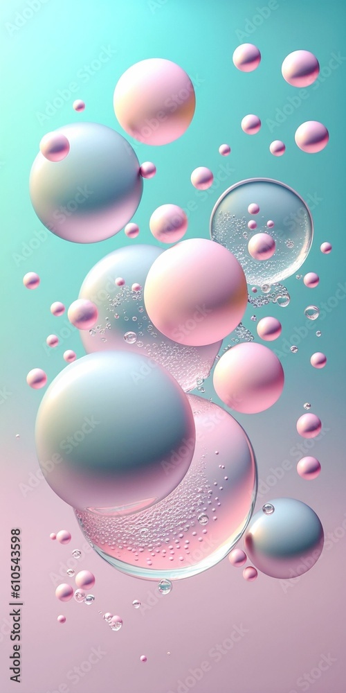 Illustration of bubbles and spheres floating on light blue and pink gradient background. Created with Generative AI technology