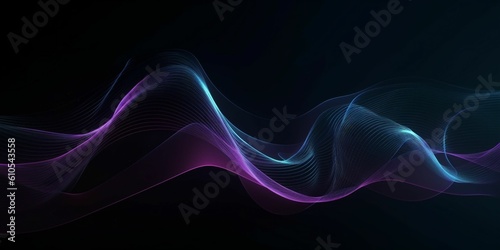 Illustration of neon wavy light effect on dark background. Created with Generative AI technology
