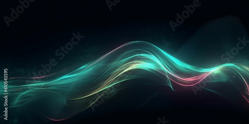 Illustration of teal and red wavy light effect on dark background. Created with Generative AI technology