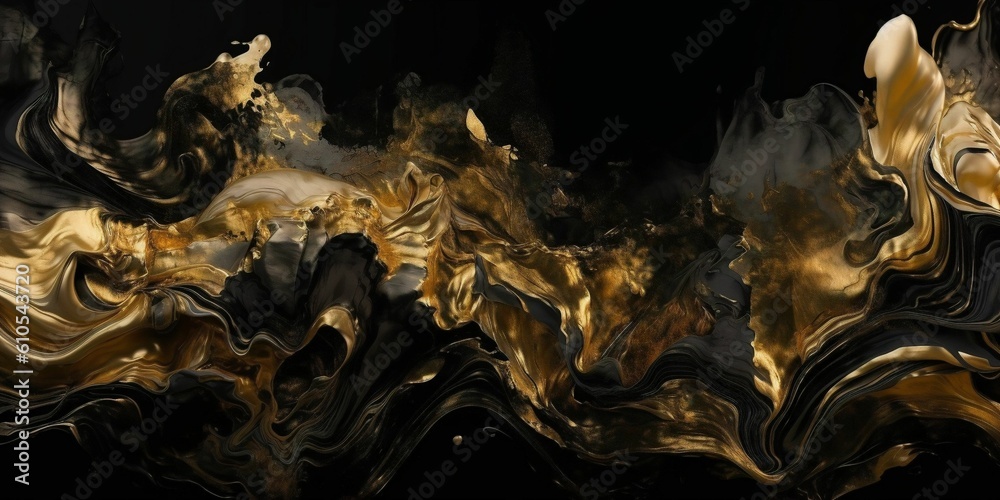 Illustration of abstract fluid golden waves on dark background. Created with Generative AI technology