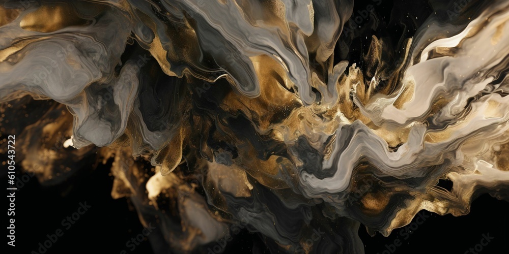 Illustration of abstract fluid with golden and white color on dark background. Created with Generative AI technology