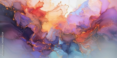 Illustration of abstract painting with blue, purple tone colors and golden lines. Created with Generative AI technology