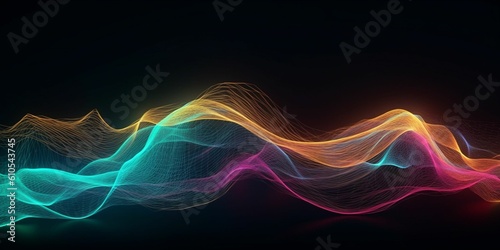 Illustration of vibrant wave of light set on dark background. Created with Generative AI technology