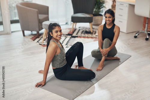 Friends, yoga exercise and portrait of women together in a house with a smile, health and wellness. Indian sisters or female family in a lounge while happy about workout and fitness with a partner