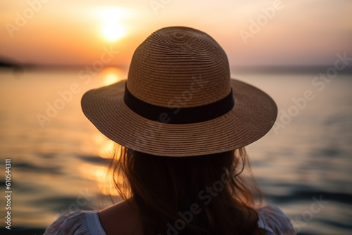 Close-up portrait of a woman from the back in a summer hat at sunset on the sea