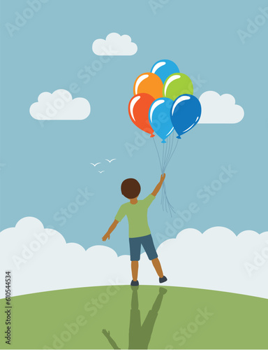 little boy on green meadow dream about flying with balloons