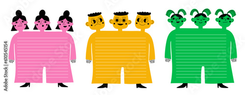 Vector illustration set with green, yellow and pink people. Emotion mood tracker template, notebook diary pages, funny school sticker collection