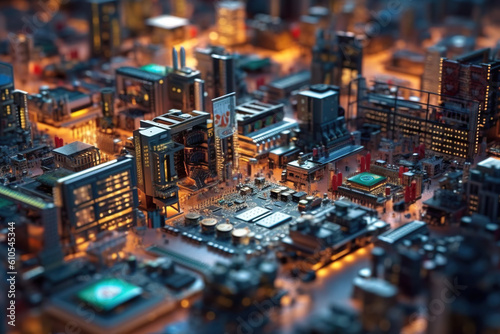 A close up of a city with lots of buildings. Generative AI. Microchip town landscape on surreal motherboard.