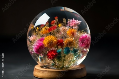 Colorful flowers glass ball. Generate Ai