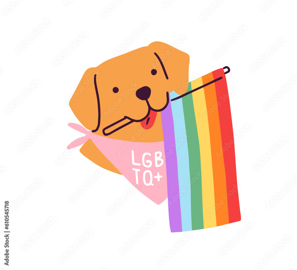 Cute dog holding rainbow flag for LGBT pride month celebration. LGBTQ