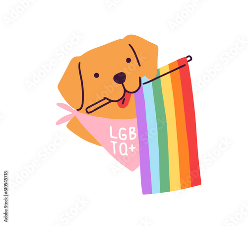 Cute dog holding rainbow flag for LGBT pride month celebration. LGBTQ doggy, happy puppy. Funny proud pup, canine animal for homosexual love. Flat vector illustration isolated on white background