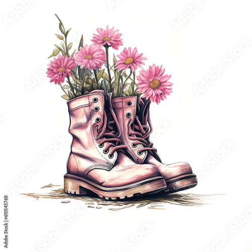 A pair of pink boots with flowers in them. Generative AI.