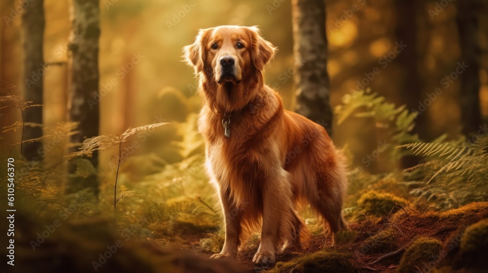 Golden retriever standing in the forrest. Generative AI.