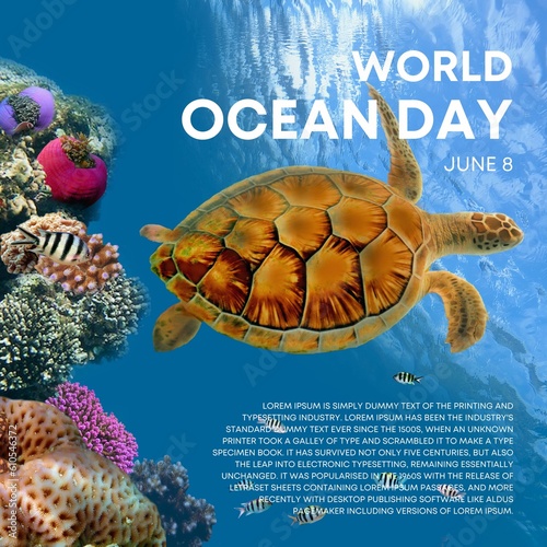 World oceans day logo. Vector illustration. World oceans day symbol template with lettering and silhouette of fishes, turtle