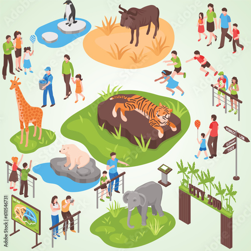 isometric zoo set lion elephant family