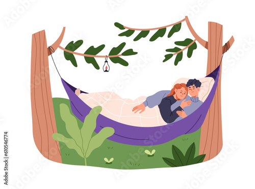Couple asleep in hammock between trees in nature. Happy man and woman sleeping relaxing outdoors, hugging, embracing on holiday, vacation. Flat graphic vector illustration isolated on white background