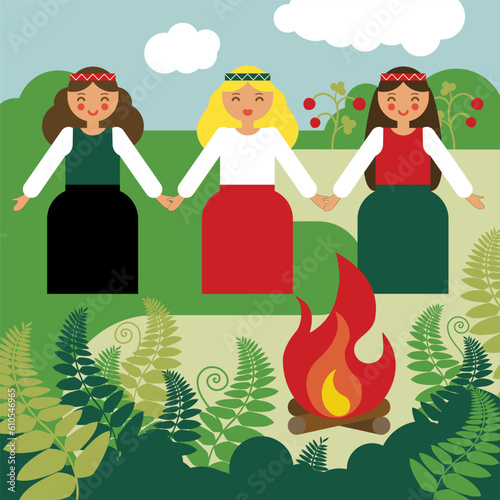 Midsummer dancing girls in green field, summer solstice day, ligo - latvian national summer event, girls in traditional costumes in nature. Vector EPS